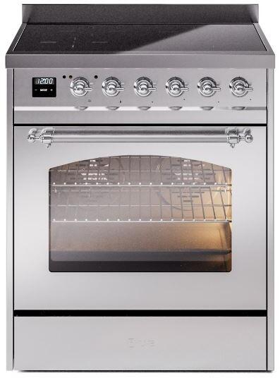 Stainless steel electric induction range with oven window, front controls, and chrome handles
