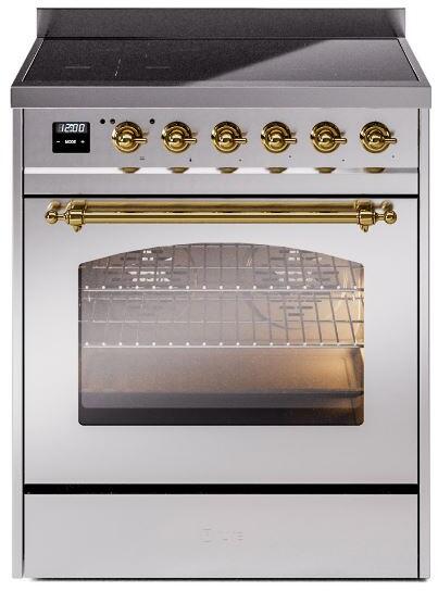Stainless electric induction range with brass-trim knobs and open glass oven door