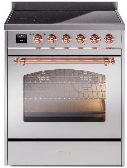 Freestanding induction range with open glass oven door and copper control knobs
