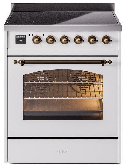 White freestanding induction range with bronze knobs, oven door window, and open warming drawer