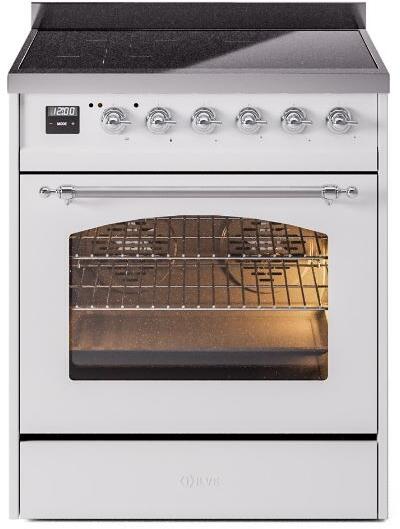 Freestanding electric induction range front view with open oven and chrome handle trim