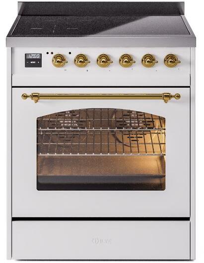 White freestanding electric induction range with brass oven handle and control knobs behind glass.