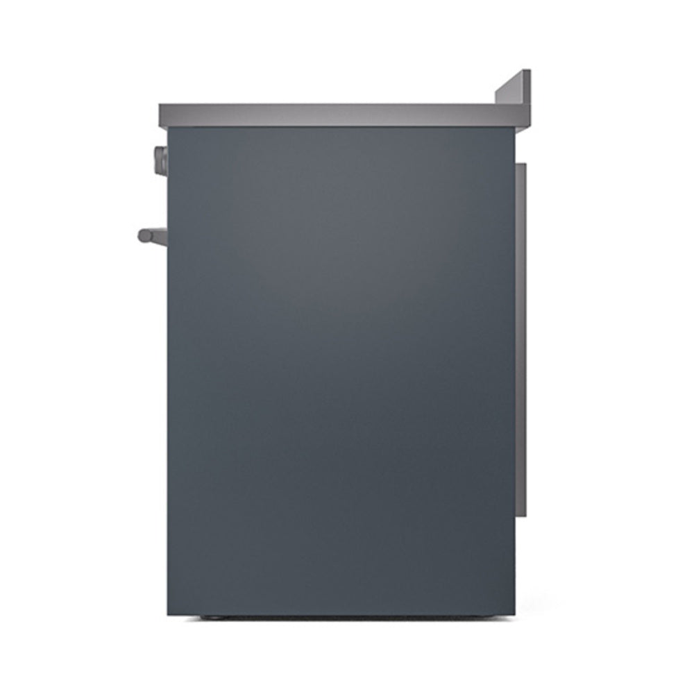 Blue grey solid oven door for induction range, angled side view
