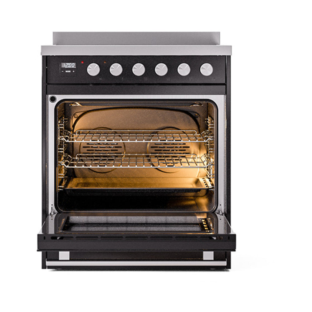 Glossy black oven door open, showing interior racks and bake tray