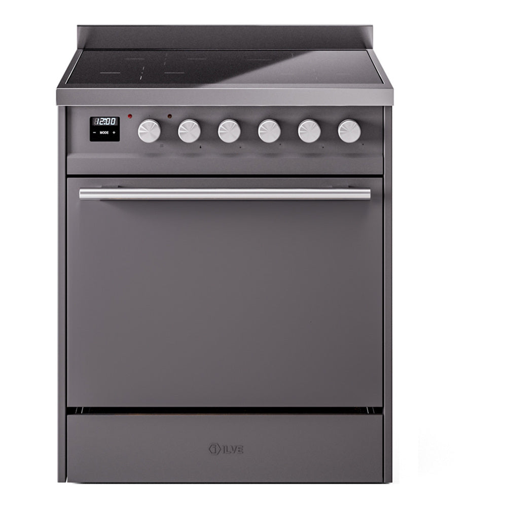 Front view induction range with control knobs and matte graphite oven door
