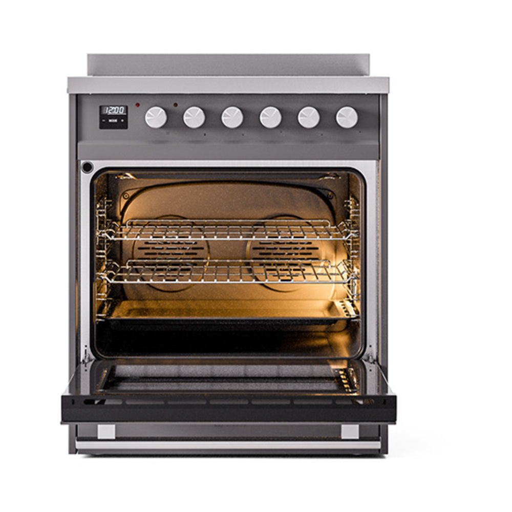 Induction range oven door open, showing racks and interior heating elements