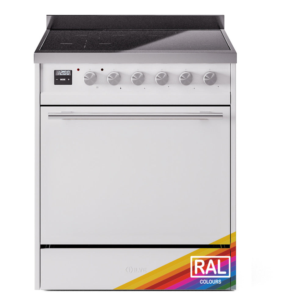 Stainless induction range front with control knobs and black glass cooktop