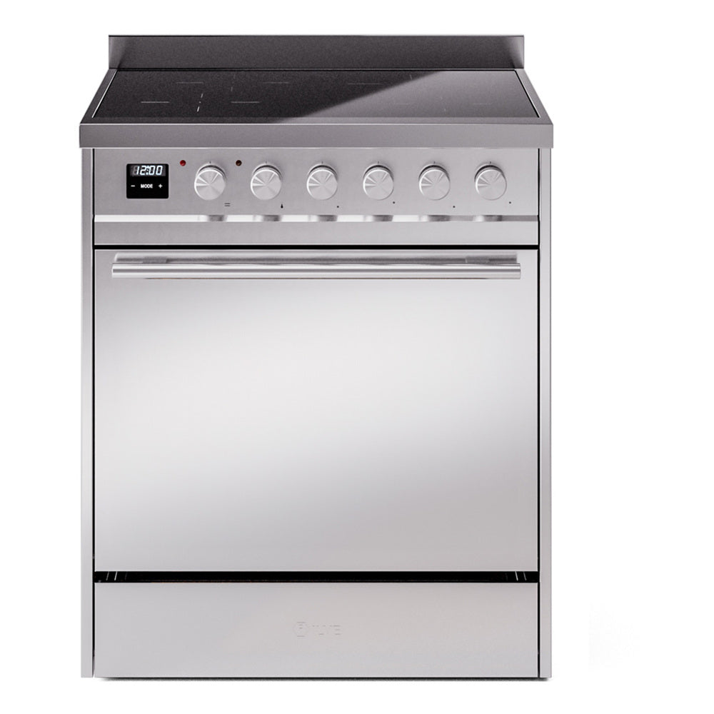 Stainless steel induction range front view with control panel knobs and black cooktop