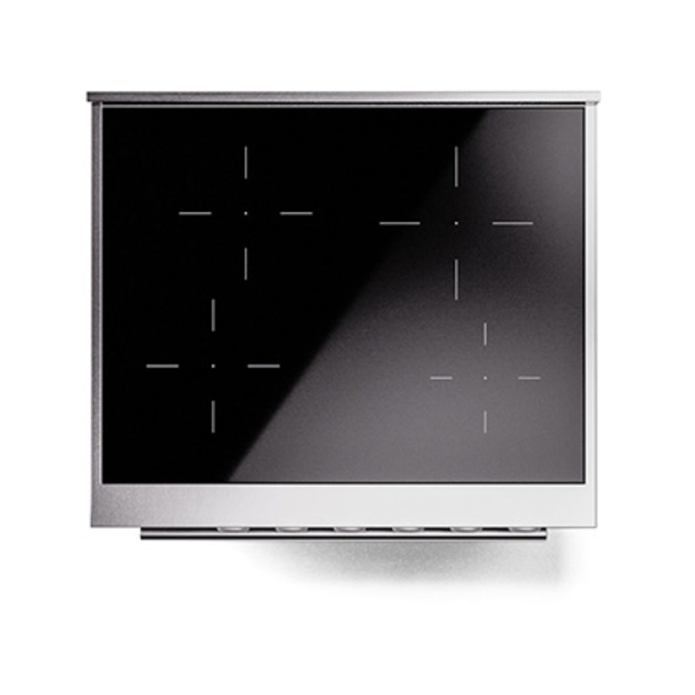 Stainless steel induction cooktop with dark glass surface and touch-zone markings