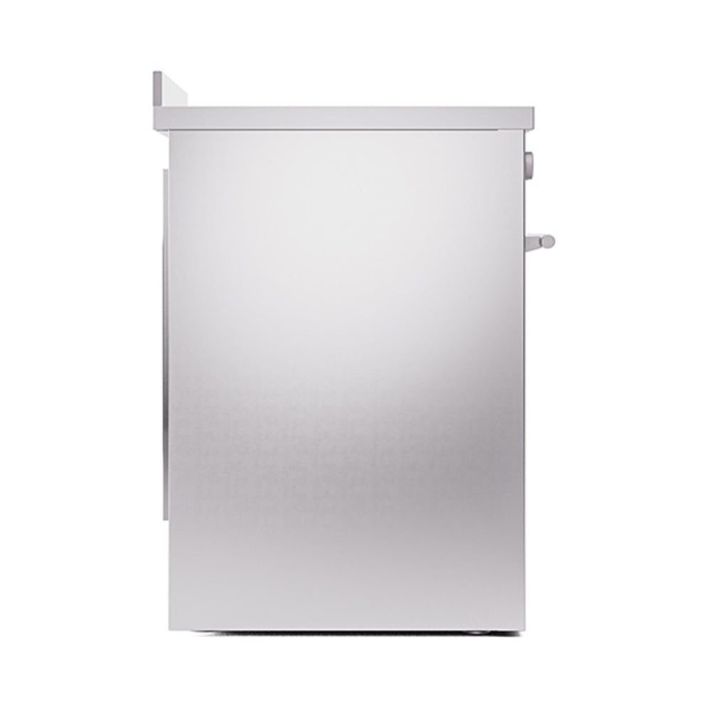 Stainless steel solid-door oven side view with exterior handle and side controls