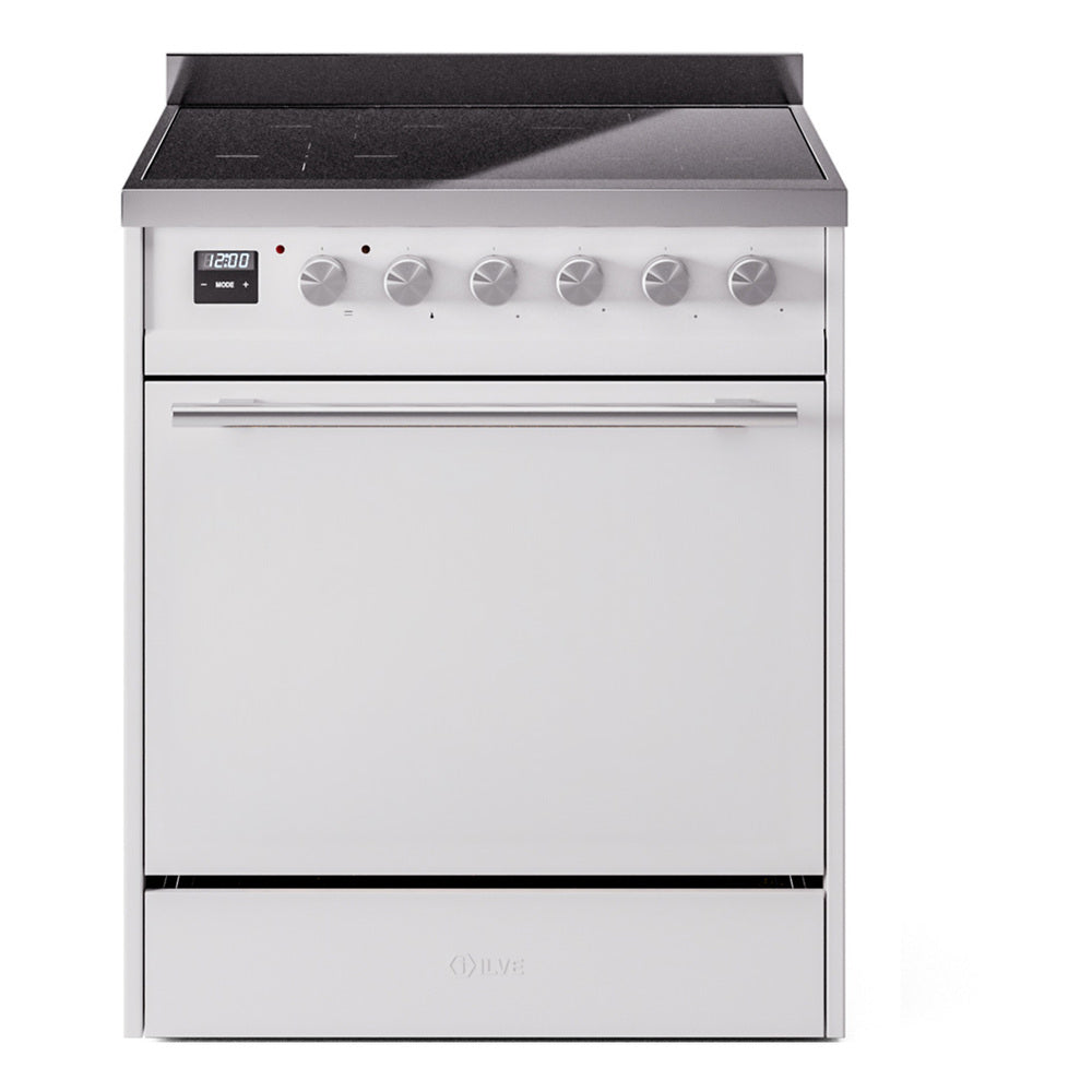 White ILVE induction range with stainless control knobs and oven door