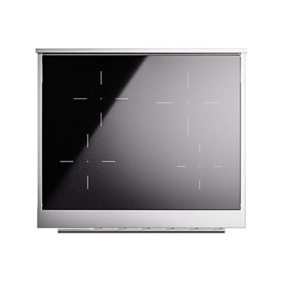 White induction range control panel with dark glass and light indicator lines