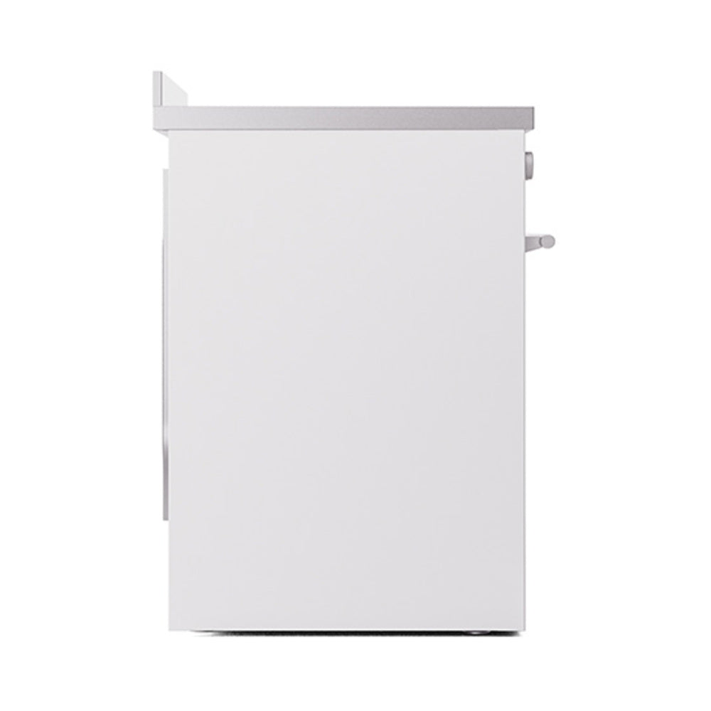 White induction oven door side view with handle and control area