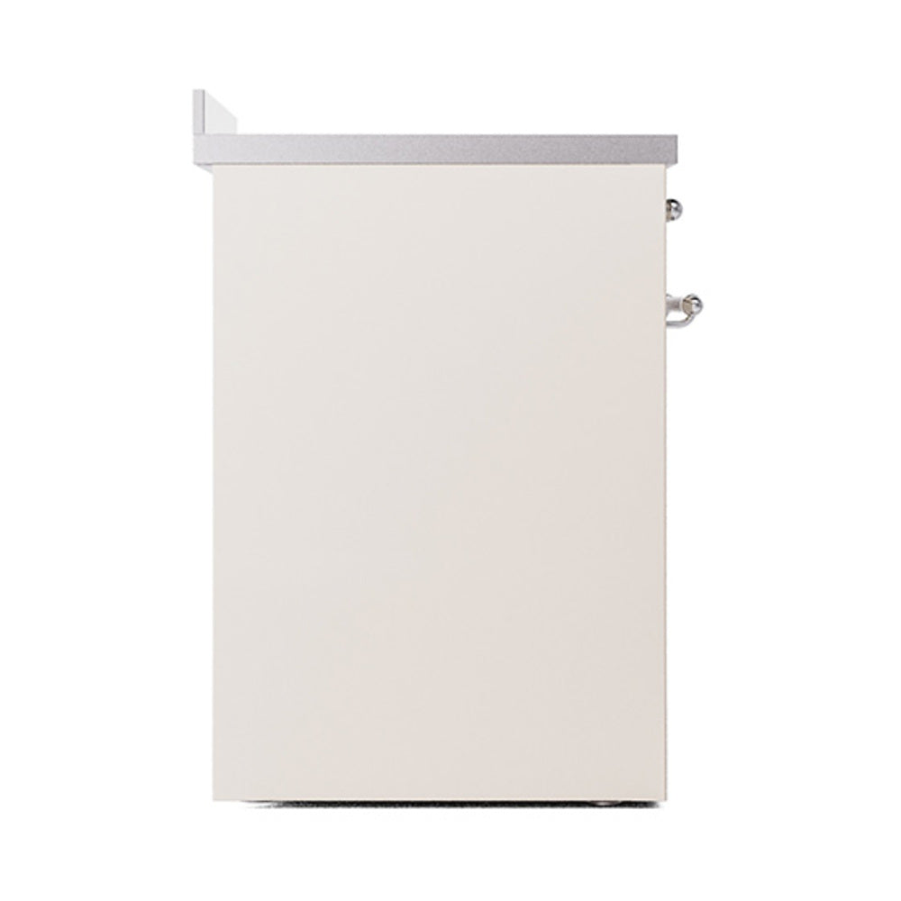 Solid oven side panel in antique white with chrome accents and top vent trim