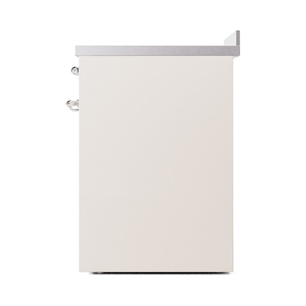 Solid oven side panel in antique white with chrome handle posts and top trim