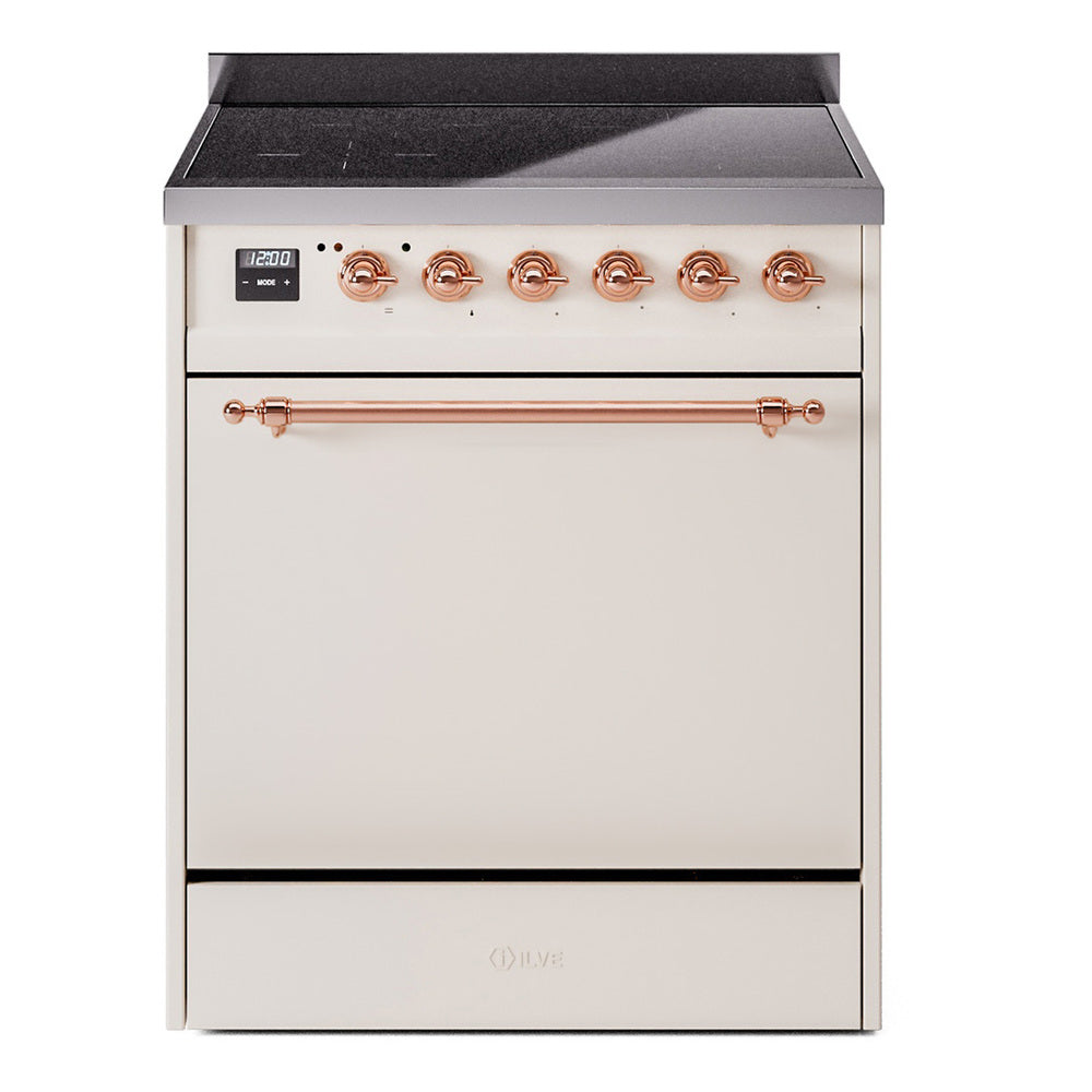 Antique white induction range with front control knobs and copper oven handle