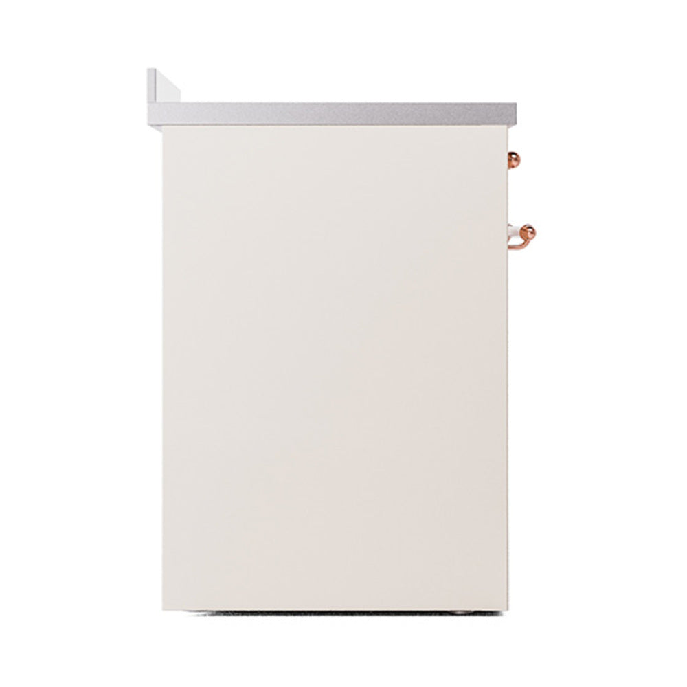 Solid door oven front panel in antique white with copper side handle trim