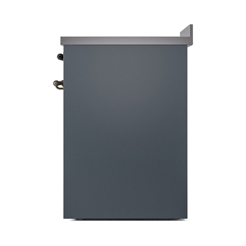 Blue grey oven door with bronze handle, side view, and top trim