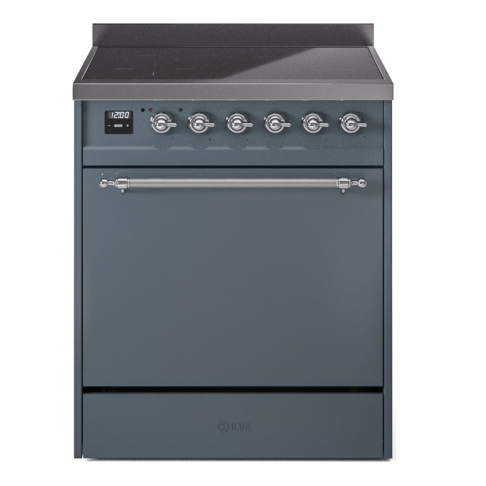 Blue grey induction range with chrome-trim controls and solid oven door
