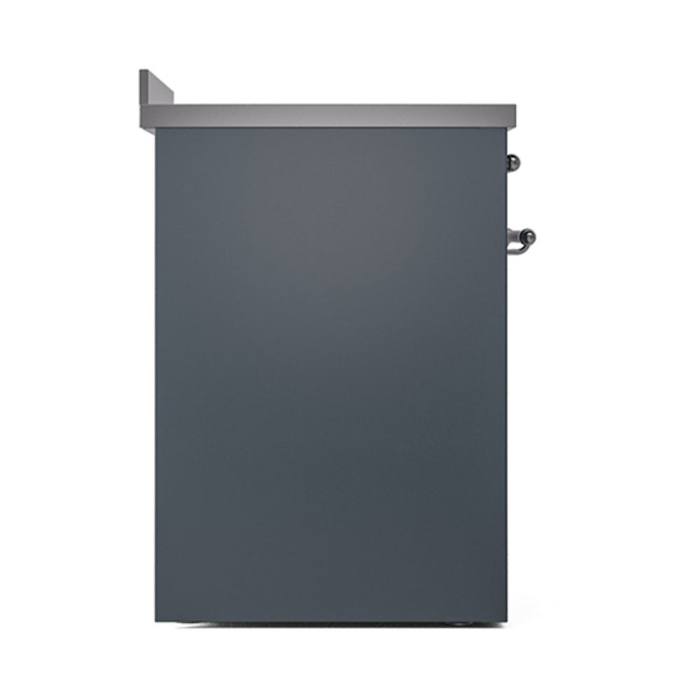 Blue grey oven door side view with chrome handle hardware