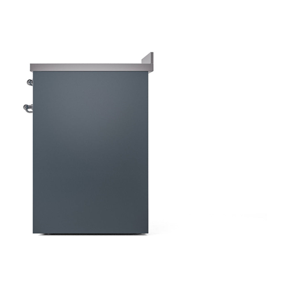 Blue grey oven door side view with hinge and handle hardware