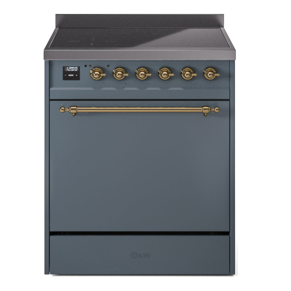 Blue grey induction range with brass-trimmed control panel and cooktop