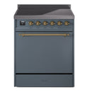 ILVE 30-Inch Nostalgie II Induction Range with Solid Door Oven in Blue Grey with Brass Trim (UPI304QNMPBGG)