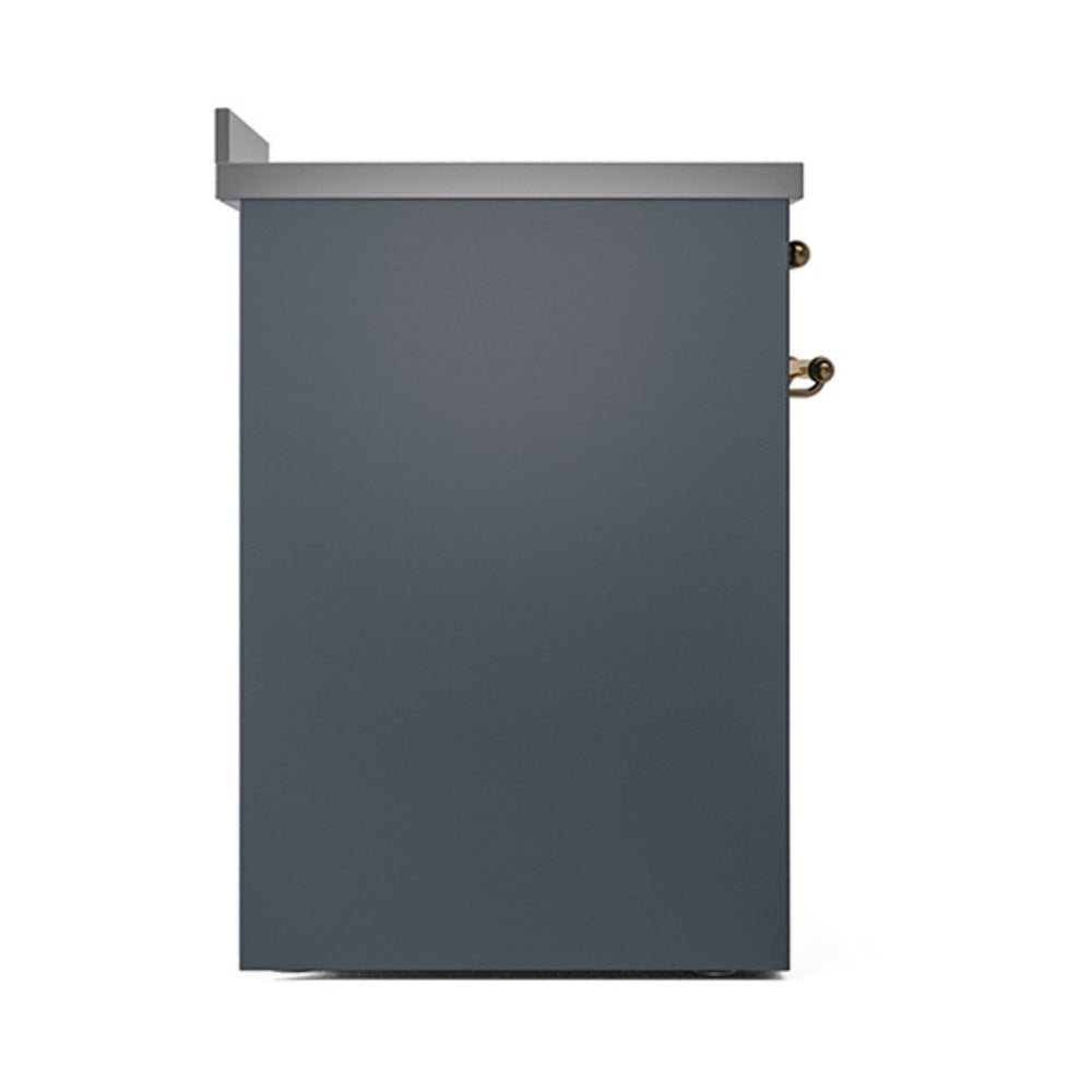 Blue grey solid door oven with brass side handles and top trim
