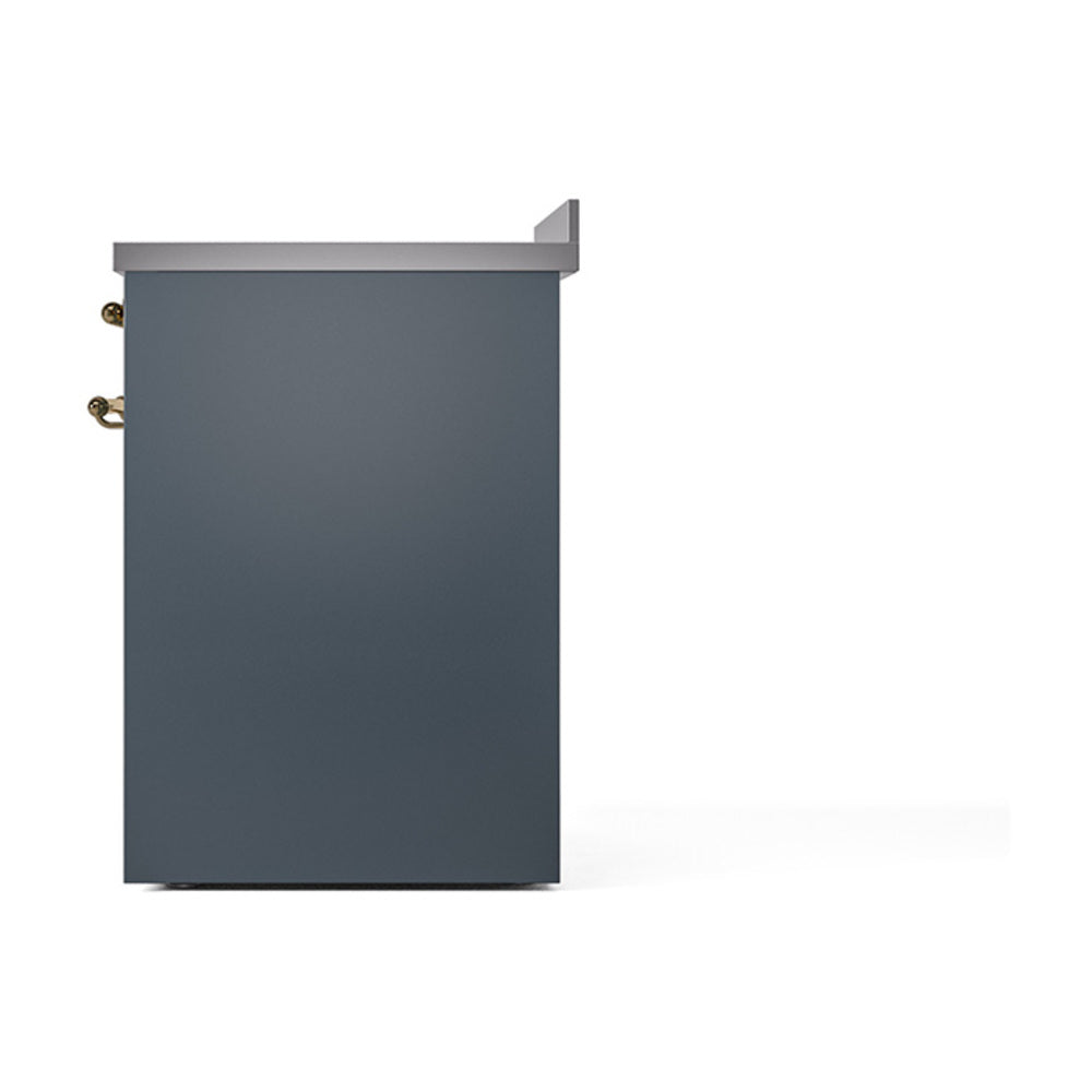 Blue grey solid door oven with brass hinges and side hardware