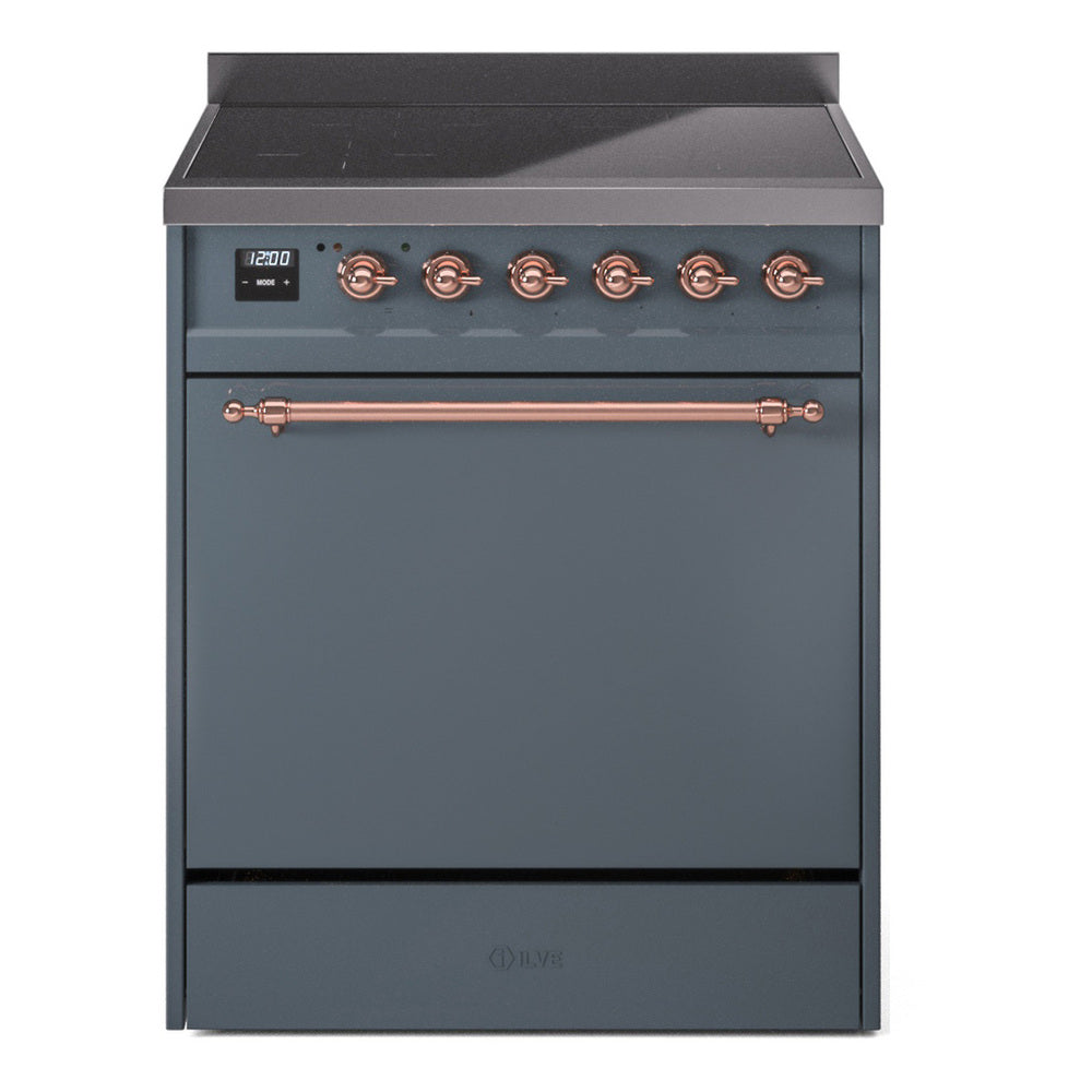ILVE blue-grey induction range with copper-trim control knobs and solid oven door.