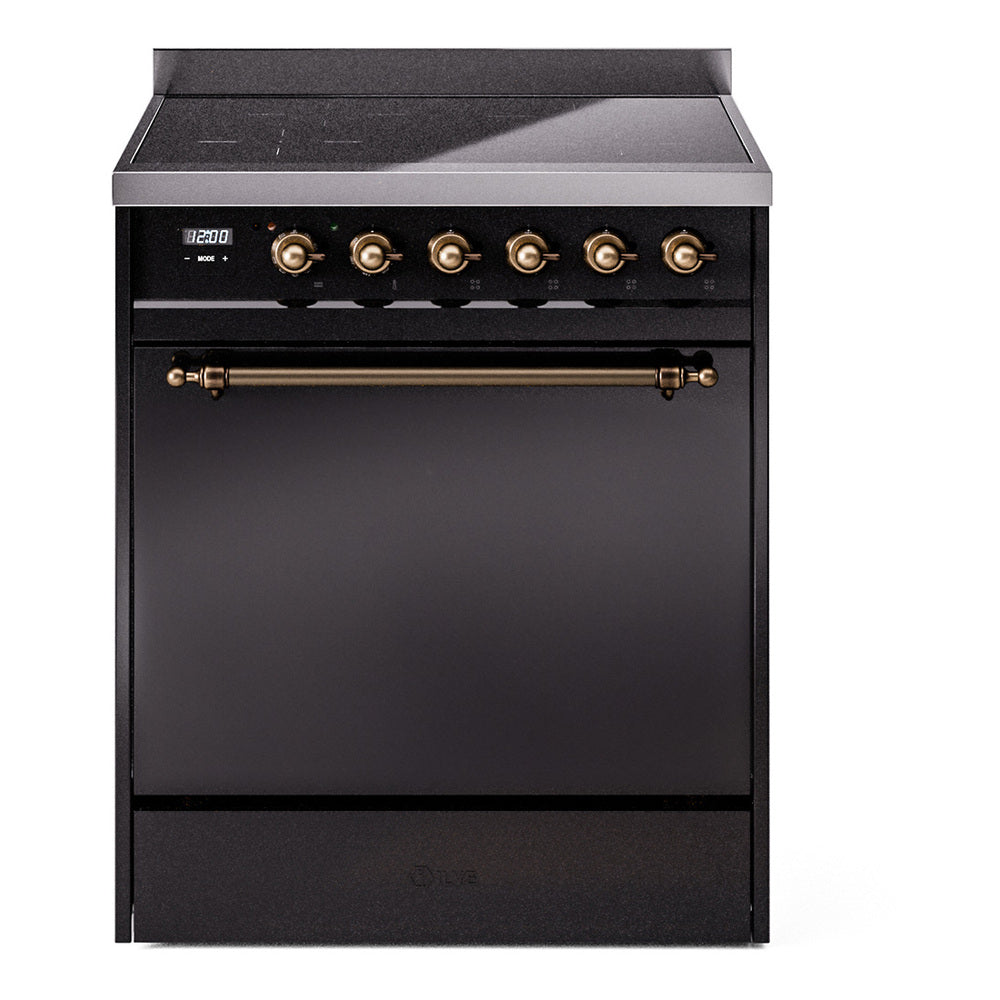 Induction range with glossy black oven door and bronze control knobs on solid-door oven