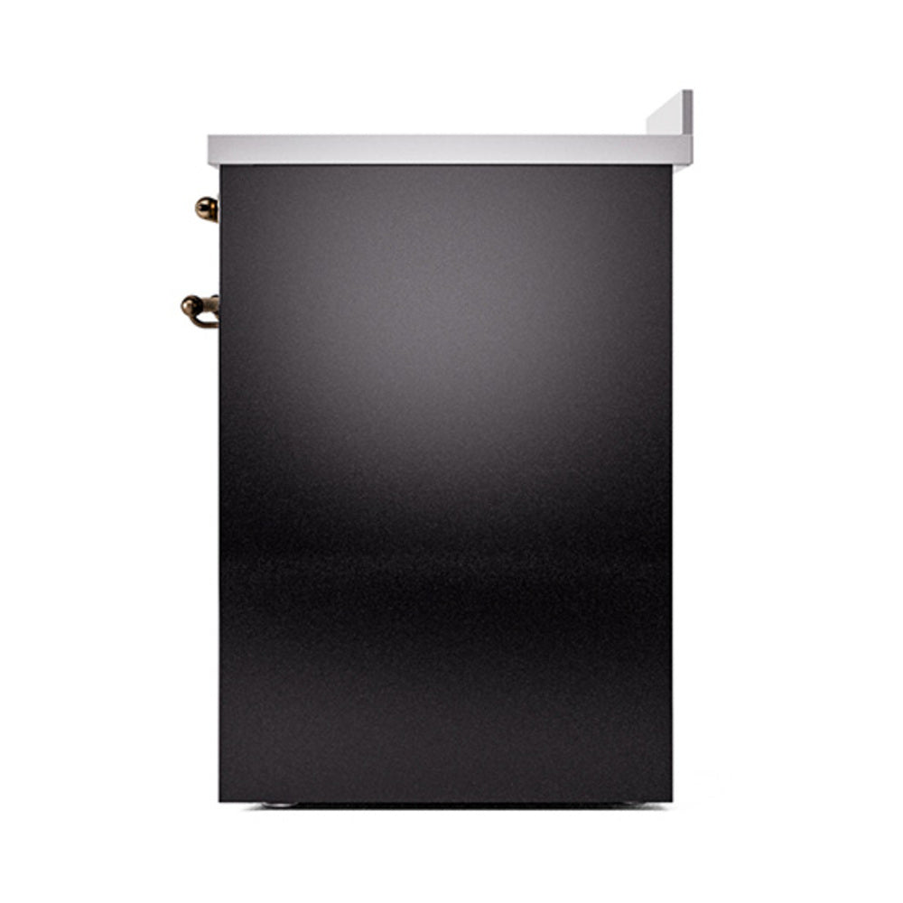 Solid oven door front, black glossy surface with bronze handle accents on induction range