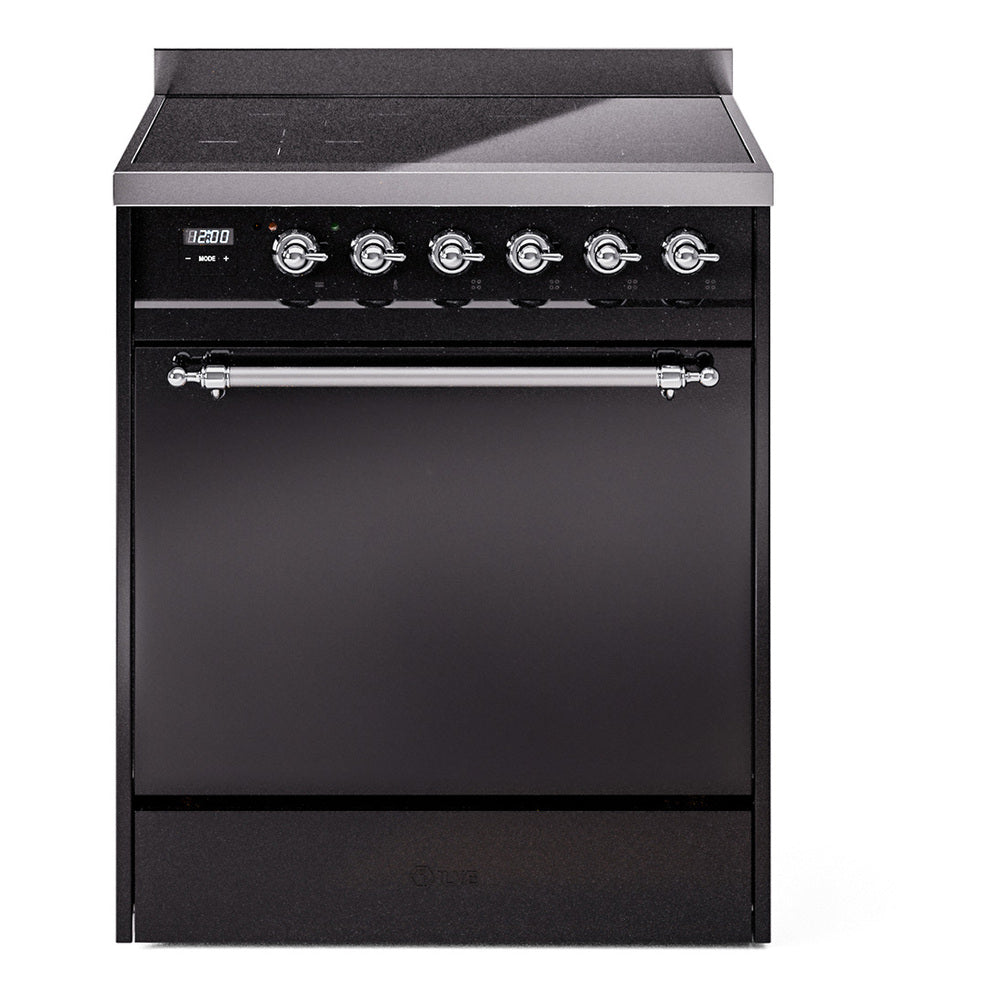 Glossy black induction range with front control knobs and solid oven door