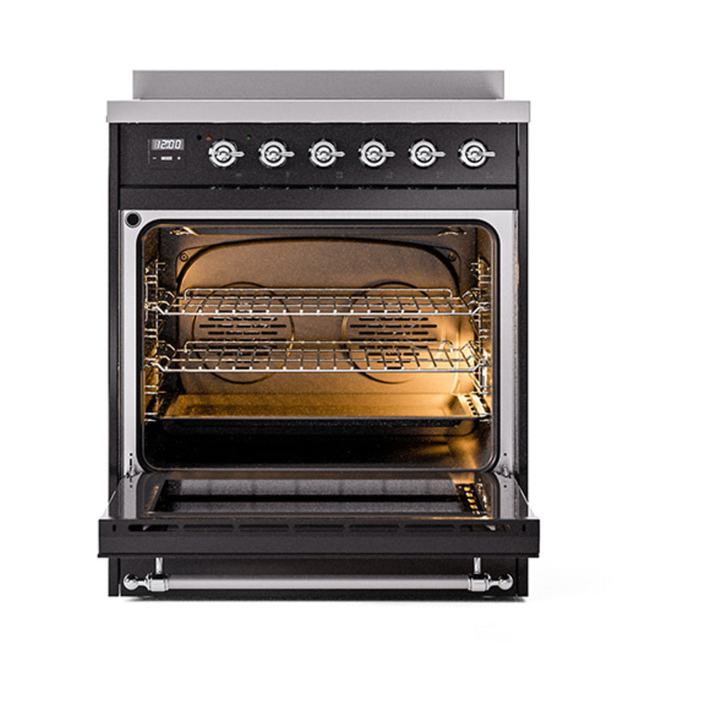 Glossy black induction range with open oven door, visible racks inside