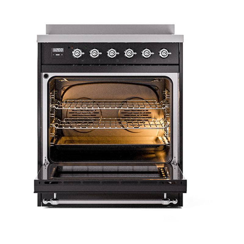 ILVE 30-Inch Nostalgie II Induction Range with Solid Door Oven in Glossy Black with Chrome Trim (UPI304QNMPBKC)