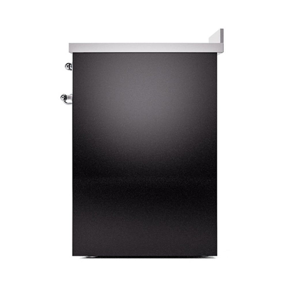 Glossy black solid door oven front with chrome handle hardware