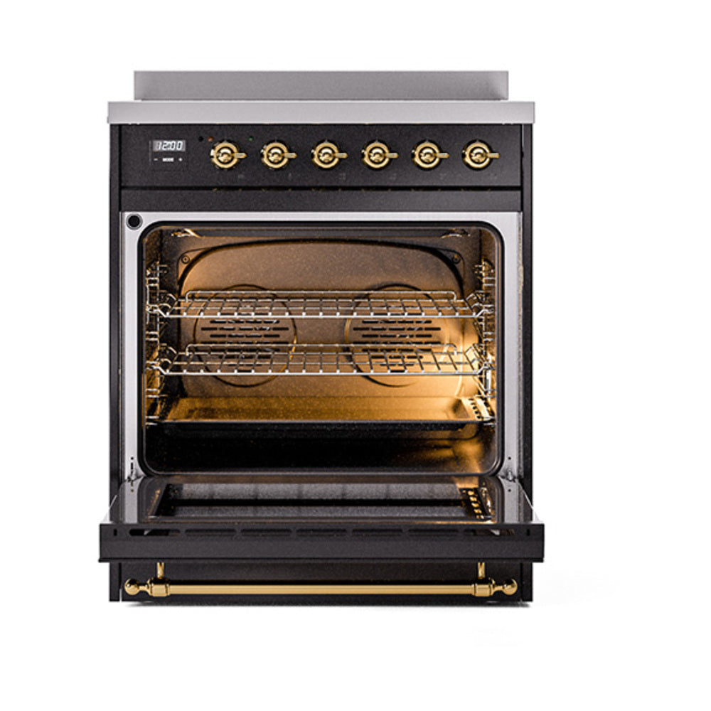 Glossy black induction range with open oven door, racks, and brass-trim control knobs