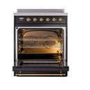 ILVE 30-Inch Nostalgie II Induction Range with Solid Door Oven in Glossy Black with Brass Trim (UPI304QNMPBKG)