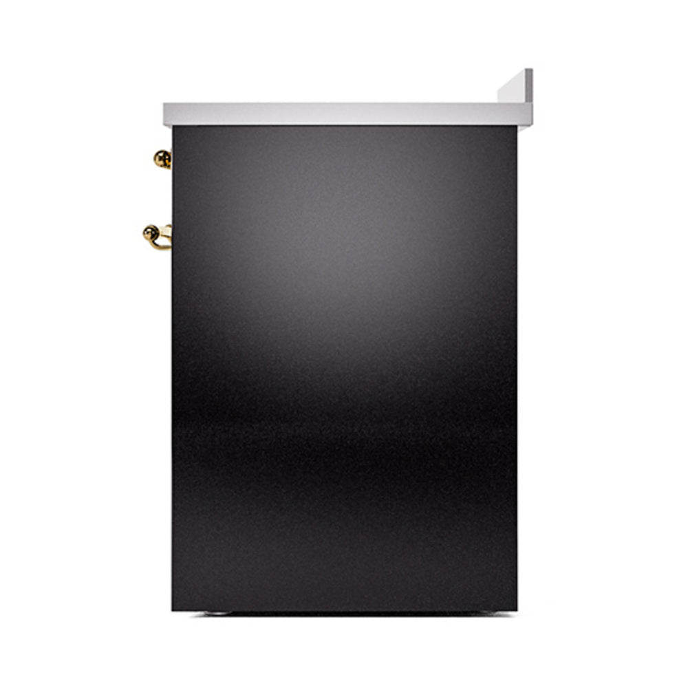 Glossy black oven door side view with brass handles and trim