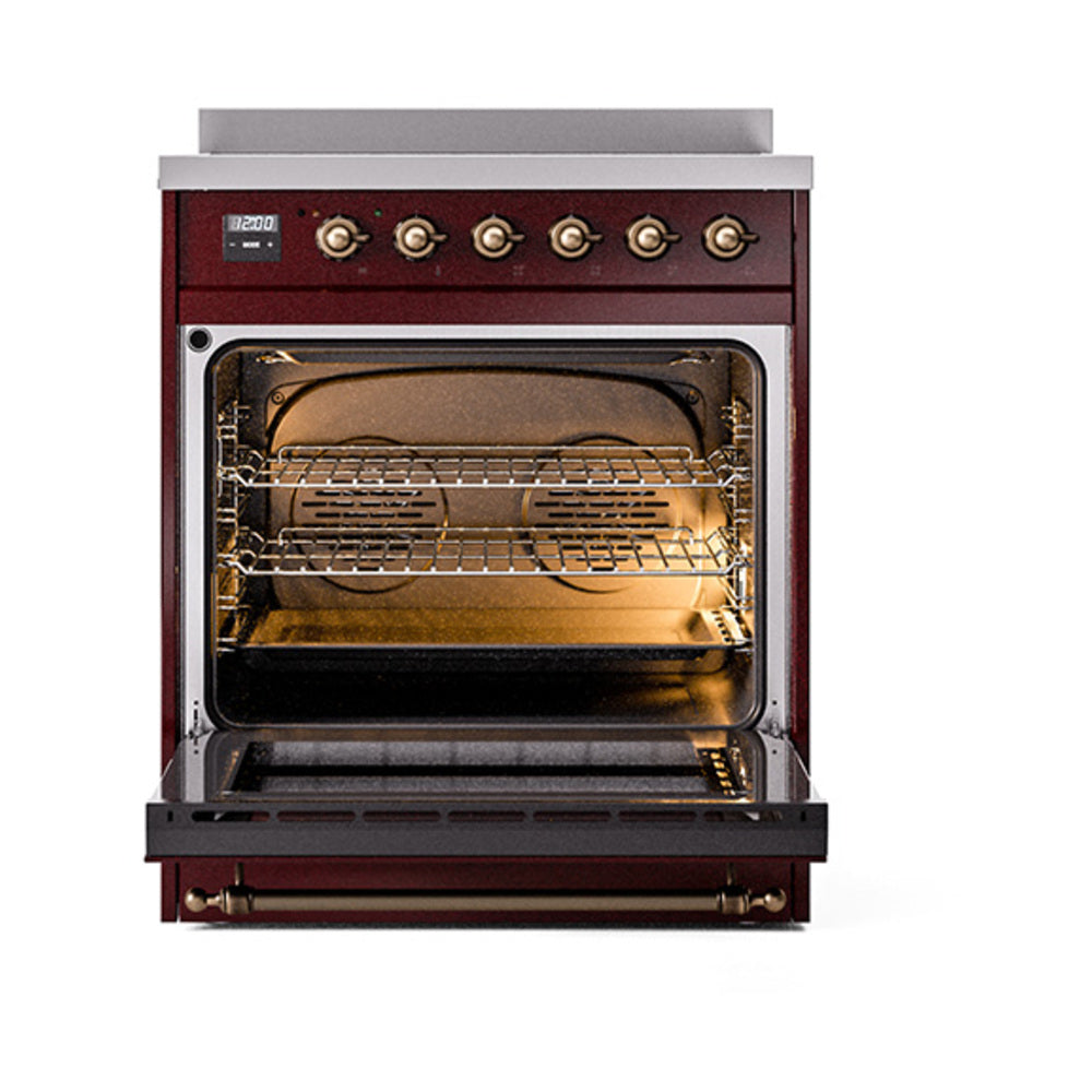 Burgundy induction range with bronze-trim oven door open, showing wire racks inside.