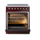 ILVE 30-Inch Nostalgie II Induction Range with Solid Door Oven in Burgundy with Bronze Trim (UPI304QNMPBUB)