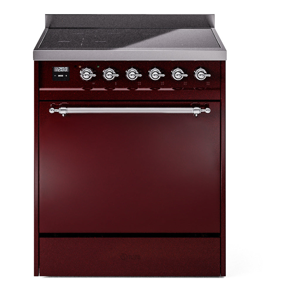 Burgundy induction range with chrome control knobs and closed oven door