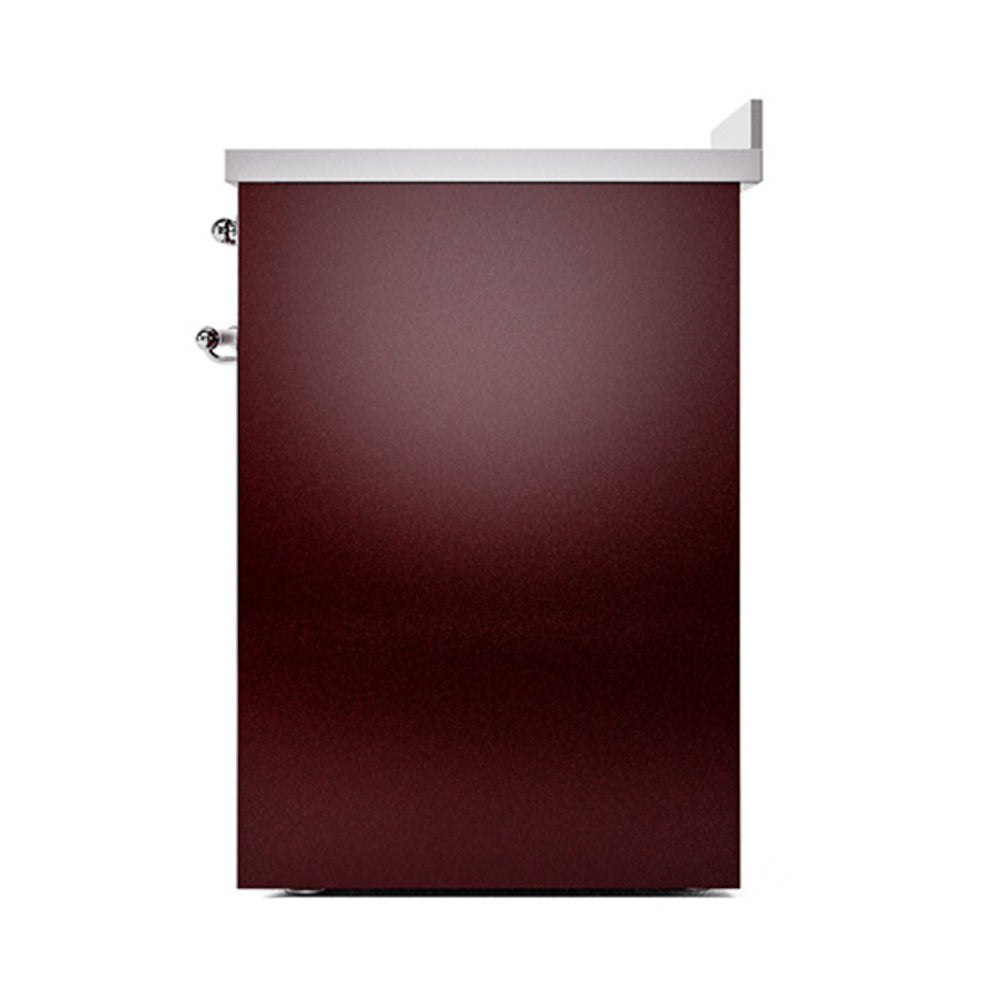 Burgundy oven door with chrome side knobs and top trim
