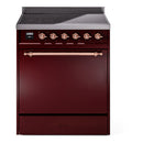 ILVE 30-Inch Nostalgie II Induction Range with Solid Door Oven in Burgundy with Copper Trim (UPI304QNMPBUP)