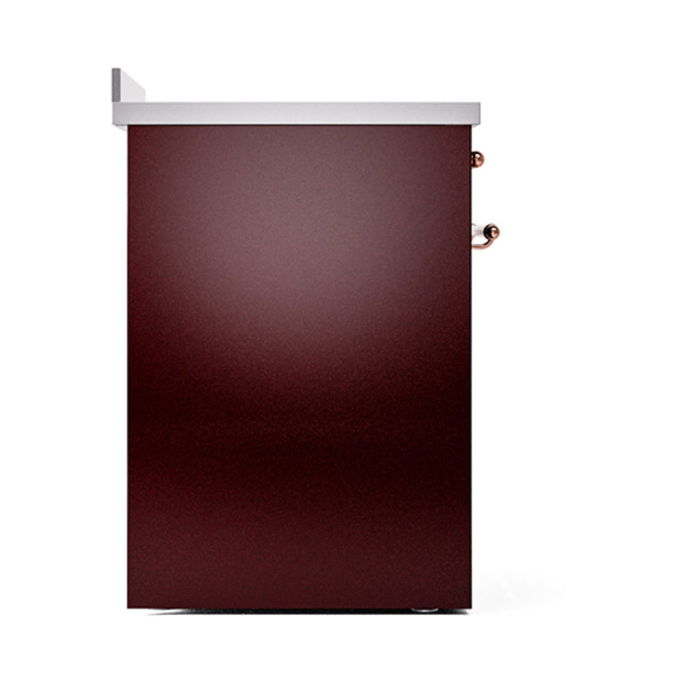 Burgundy induction range oven door with copper handle hardware