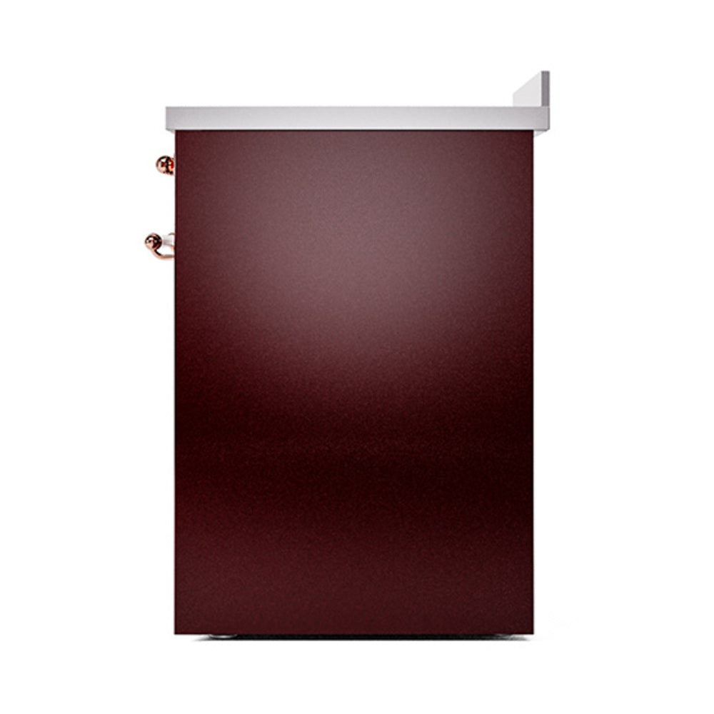 Burgundy induction range with copper-trimmed side knobs and oven door
