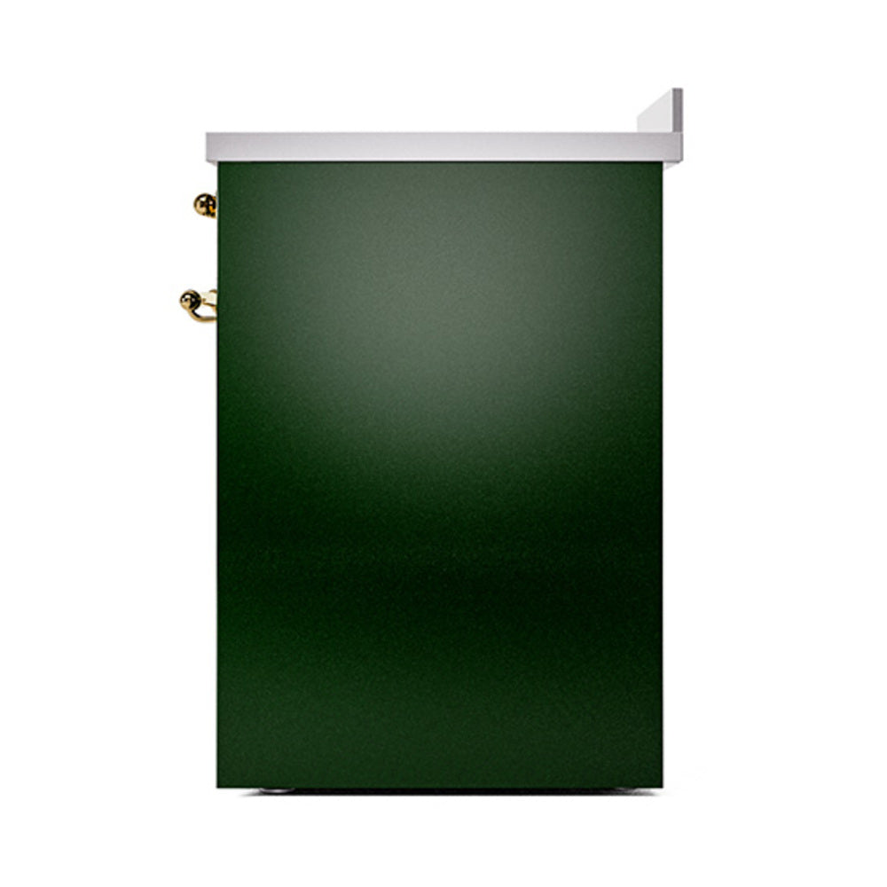 Emerald green solid door oven on induction range, side view with chrome hardware