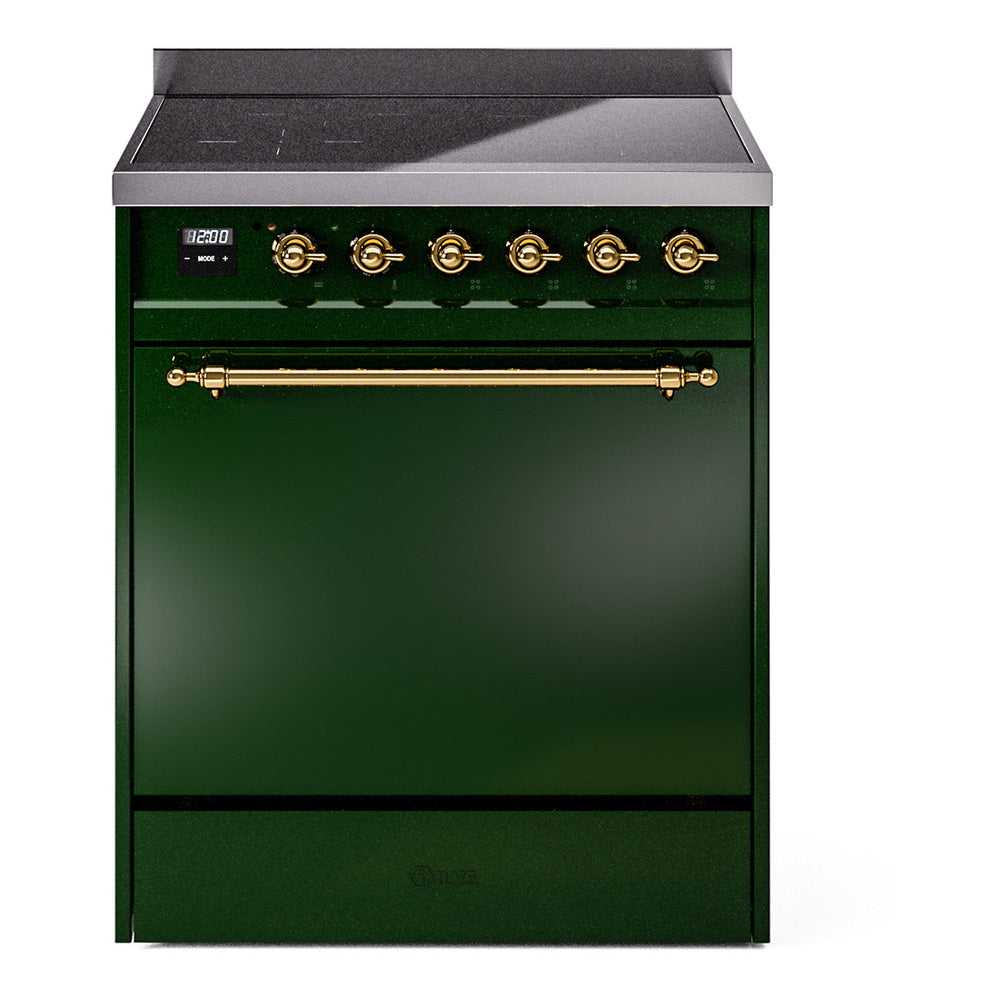 Emerald green induction range front with brass control knobs and digital display