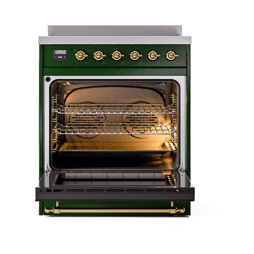 Open emerald green oven with racks and warm interior light