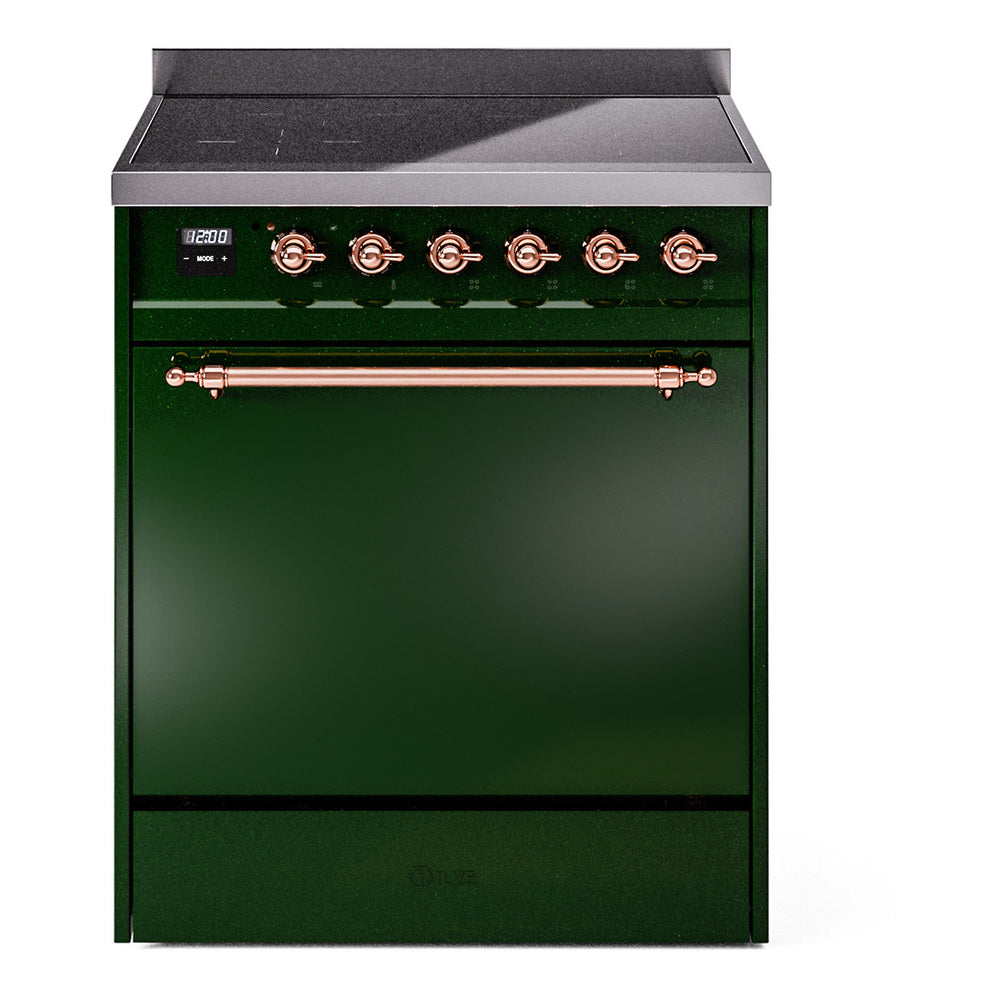 Emerald green induction range with cooktop controls and closed solid door oven
